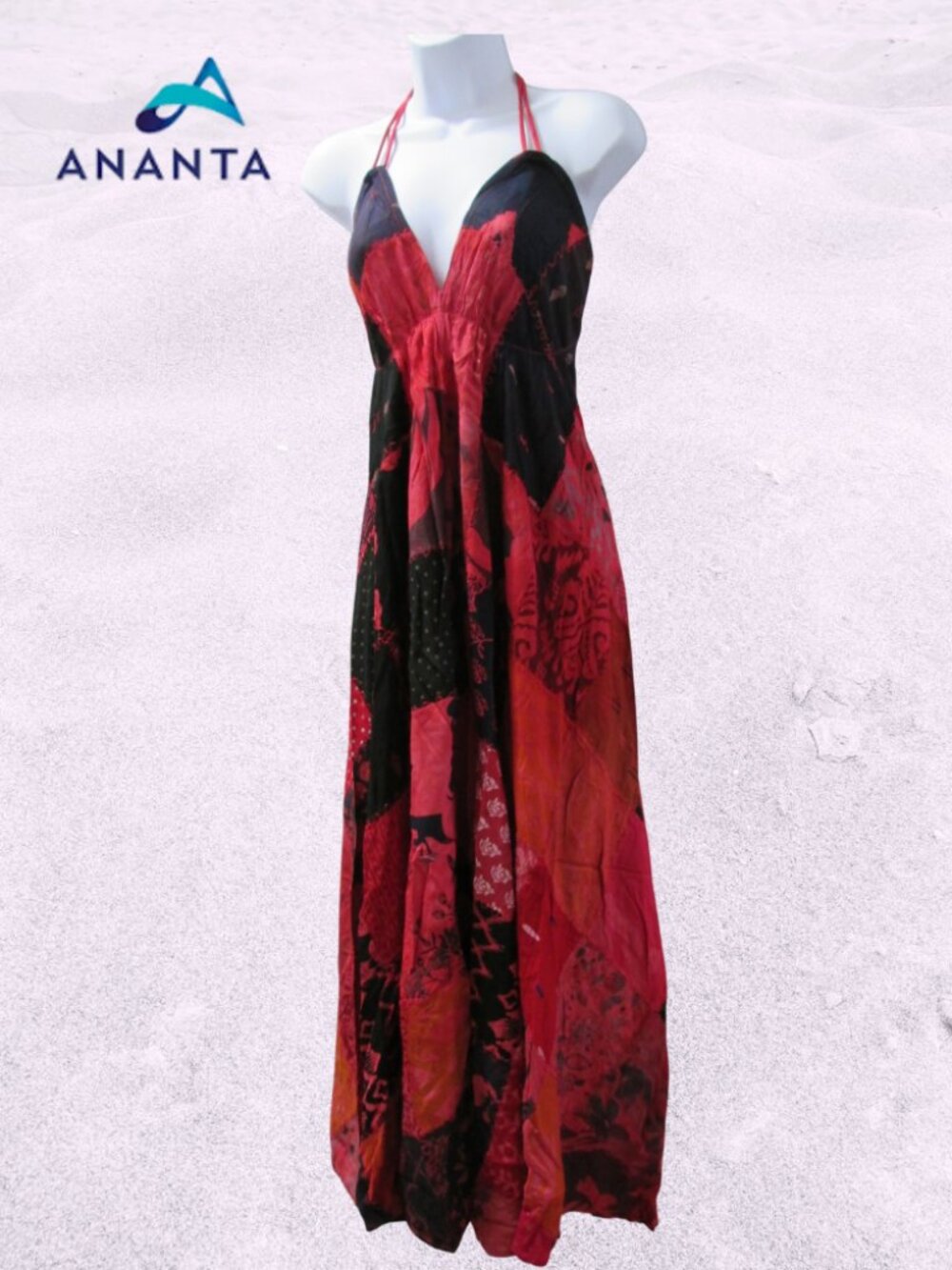 Red Patchwork Boho Ananta Halter Dress NWT OS